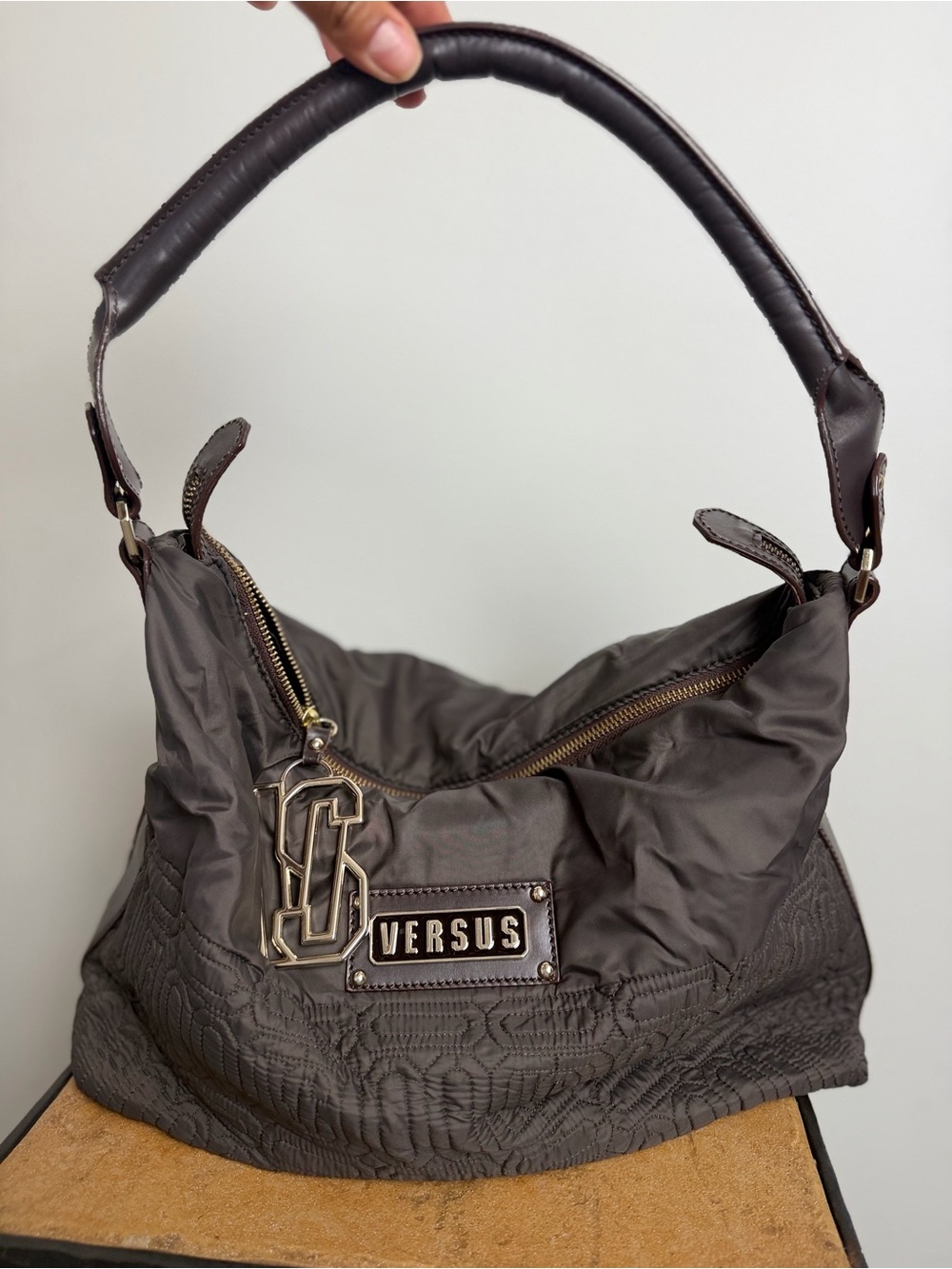 Versus By Versace Taupe Quilted Nylon Shoulder Bag with Gold Hardware